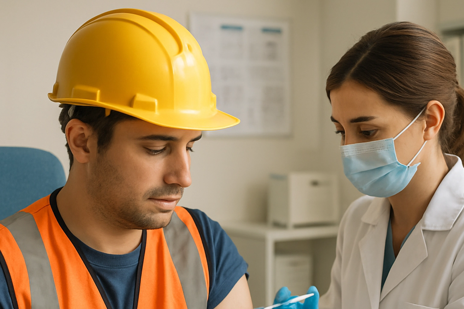 Trabalhador do setor industrial realizando exame admissional com profissional de saúde ocupacional.