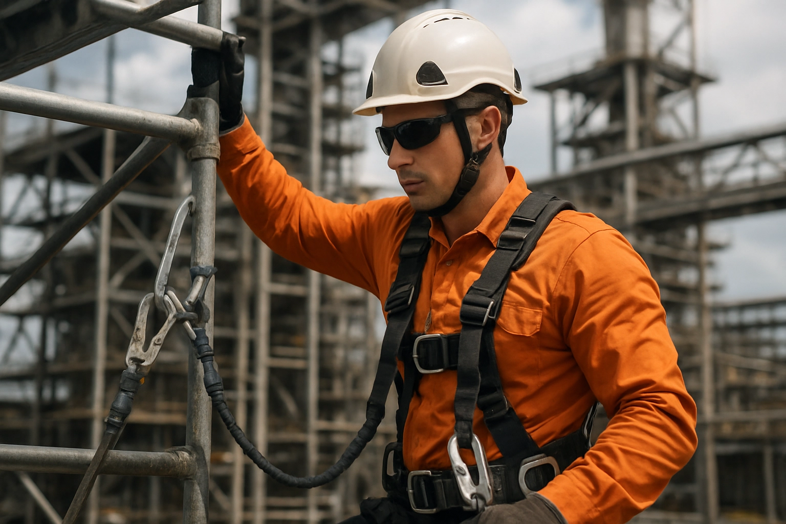 Trabalhador usando cinto de segurança e capacete em atividade de trabalho em altura, seguindo NR35.