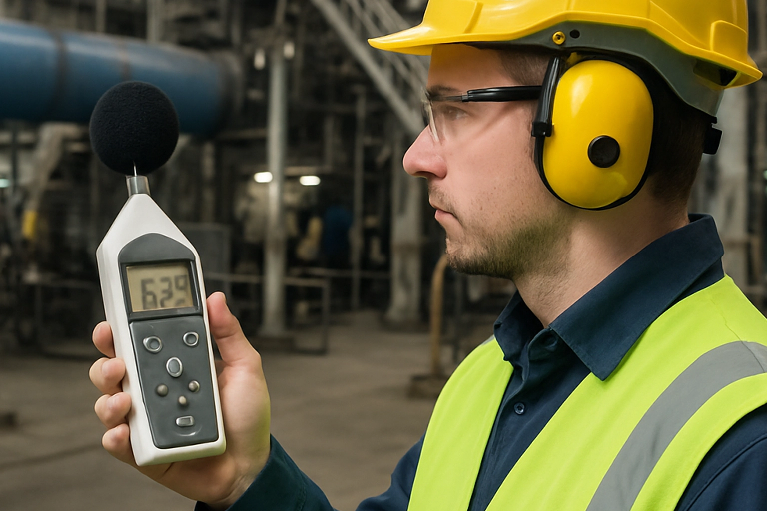 Técnico usando decibelímetro e protetor auricular para medir ruído industrial e prevenir acidentes.