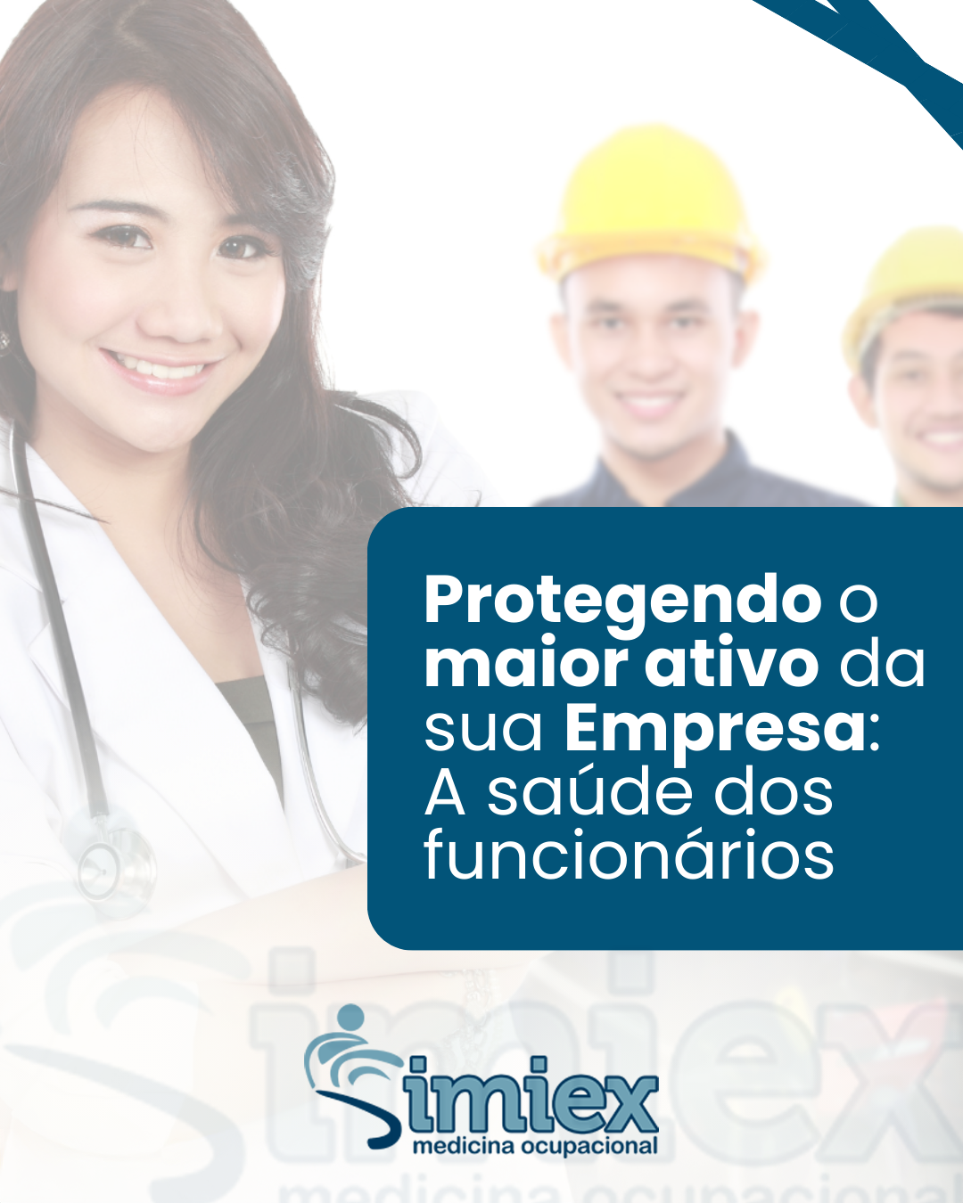 Profissionais de saúde ocupacional e colaboradores da indústria, simbolizando que a saúde dos funcionários é o maior ativo da empresa.